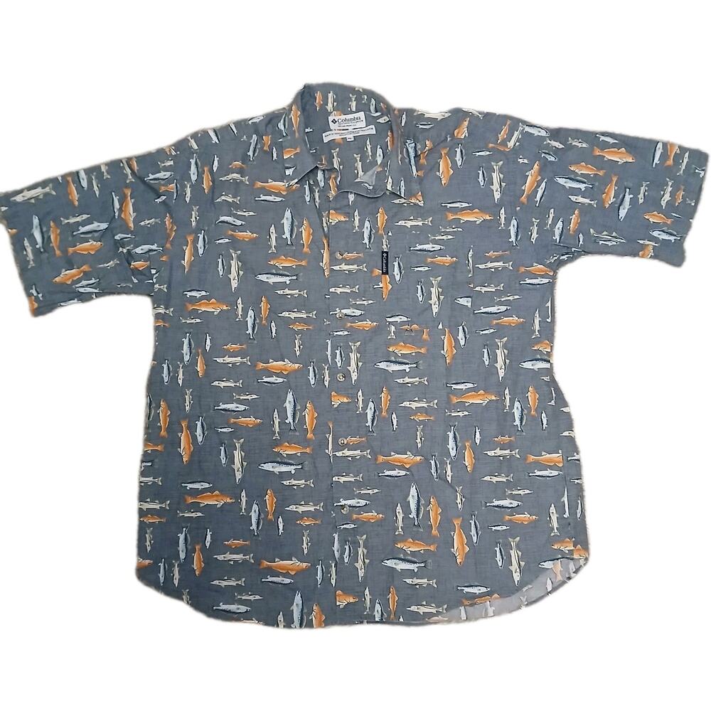 Columbia Sportswear Shirt XL Gray Fish Short Sleeve Button Front‎ Casual Outdoor